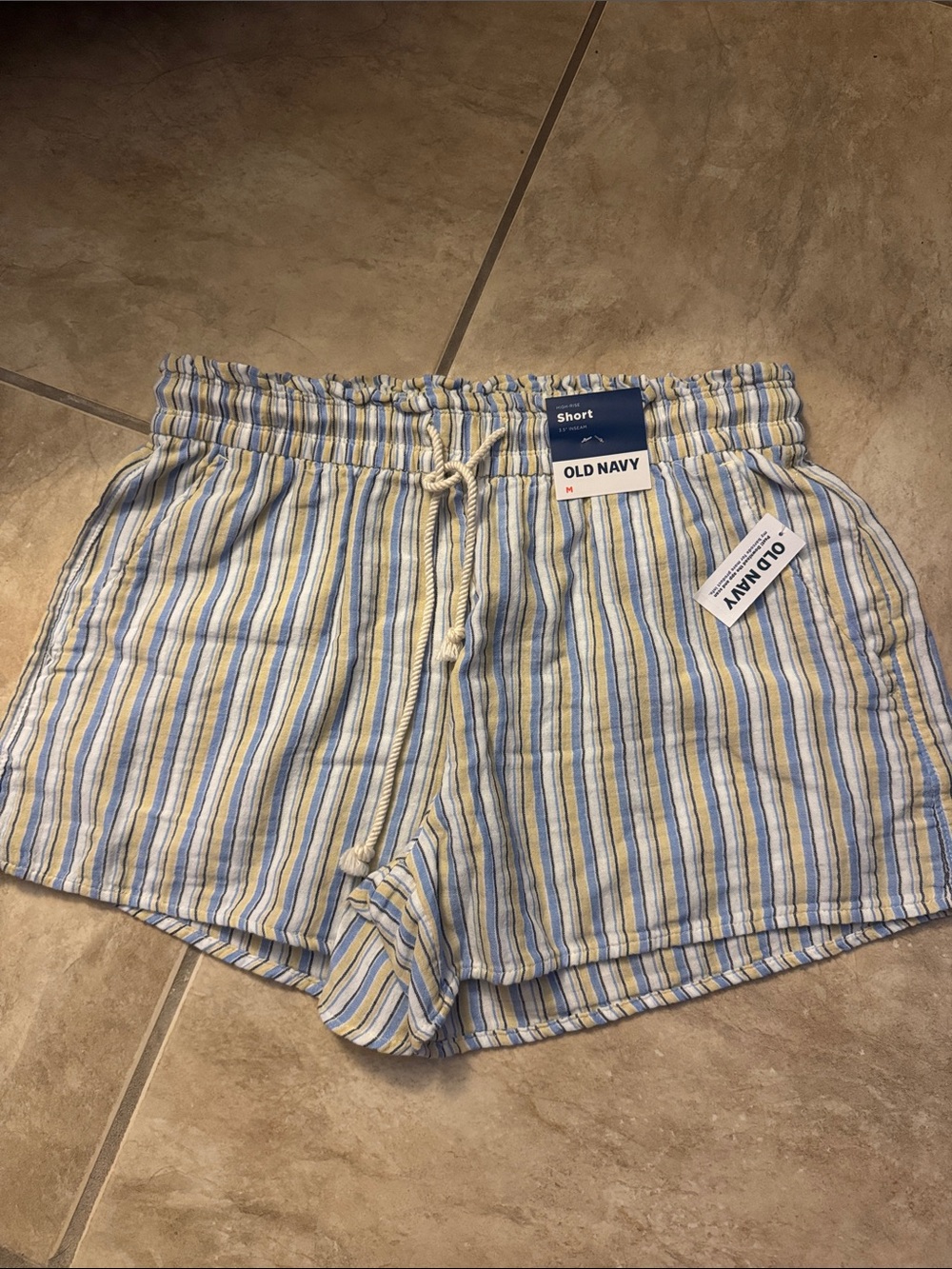 Old Navy Blue and Yellow Striped Drawstring Beach Shorts